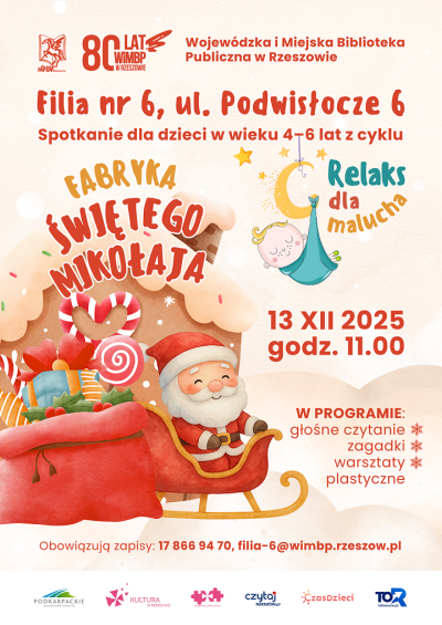 Grafika promująca spotkanie dla dzieci Fabryka świętego Mikołaja